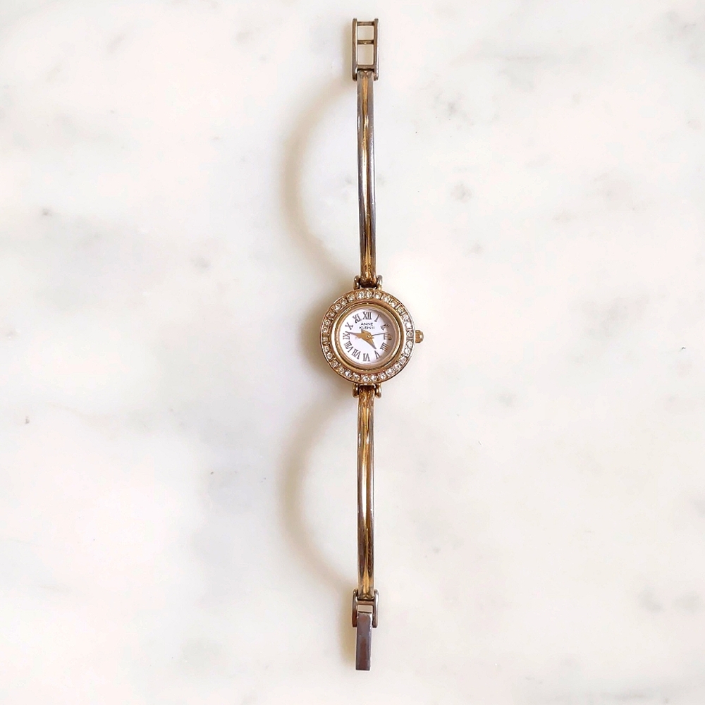 Vintage Anne Klein II Gold Tone with Crystals Stainless Steel Back Bangle Watch.